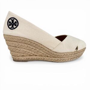 TORY BURCH Filipa Espadrille Wedges Cream Canvas Logo Summer Shoes size 7